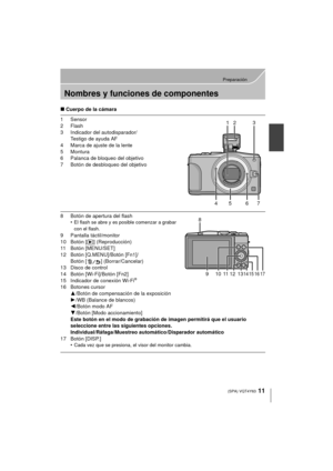 Page 1111
Preparación
 (SPA) VQT4Y63
Nombres y funciones de componentes
∫Cuerpo de la cámara
1 Sensor
2Flash
3 Indicador del autodisparador/
Testigo de ayuda AF
4 Marca de ajuste de la lente
5 Montura
6 Palanca de bloqueo del objetivo
7 Botón de desbloqueo del objetivo
8 Botón de apertura del flash •El flash se abre y es posible comenzar a grabar 
con el flash.
9 Pantalla táctil/monitor
10 Botón [ (] (Reproducción)
11 Botón [MENU/SET]
12 Botón [Q.MENU]/Botón [Fn1]/
Botón [ ] (Borrar/Cancelar)
13 Disco de...