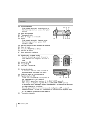 Page 1212
Preparación
VQT4Y63 (SPA)
18 Micrófono estéreo•Tenga cuidado de no cubrir el micrófono con su 
dedo. Hacerlo puede hacer que sea difícil grabar 
el sonido.
19 Botón del obturador
20 Palanca de función
21 Botón de imagen en movimiento
22 Altavoz•
Tenga cuidado de no cubrir el altavoz con su 
dedo. Hacerlo puede hacer que sea difícil 
escuchar el sonido.
23 Marca de referencia de la distancia del enfoque
24 Disco del modo
25 Interruptor ON/OFF de la cámara
26 Indicador de estado
27 Botón automático...