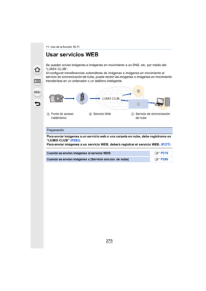Page 275275
11. Uso de la función Wi-Fi
Usar servicios WEB
Se pueden enviar imágenes e imágenes en movimiento a un SNS, etc. por medio del 
“LUMIX CLUB”.
Al configurar transferencias automáticas de imágenes e imágenes en movimiento al 
servicio de sincronización de nube, puede recibir las imágenes o imágenes en movimiento 
transferidas en un ordenador o un teléfono inteligente.
A Punto de acceso 
inalámbrico B
Servicio Web CServicio de sincronización 
de nube
Preparación
Para enviar imágenes a un servicio web o...