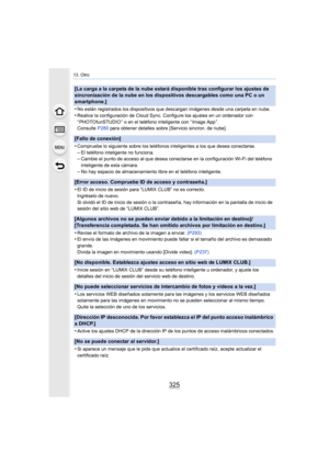 Page 325325
13. Otro
[La carga a la carpeta de la nube estará disponible tras configurar los ajustes de 
sincronización de la nube en los dispositivos descargables como una PC o un 
smartphone.]
•
No están registrados los dispositivos que descargan imágenes desde una carpeta en nube.
•Realice la configuración de Cloud Sync. Configure los ajustes en un ordenador con 
“ PHOTOfunSTUDIO ” o en el teléfono inteligente con “ Image App ”.
Consulte P280 para obtener detalles sobre [Servicio sincron. de nube].
[Fallo de...