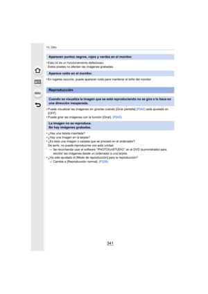 Page 341341
13. Otro
•Esto no es un funcionamiento defectuoso.
Estos píxeles no afectan las imágenes grabadas.
•En lugares oscuros, puede aparecer ruido para mantener el brillo del monitor.
•Puede visualizar las imágenes sin girarlas cuando [Girar pantalla] (P242) está ajustado en 
[OFF].
•Puede girar las imágenes con la función [Girar].  (P242)
•¿Hay una tarjeta insertada?
•¿Hay una imagen en la tarjeta?•¿Es ésta una imagen o carpeta que se procesó en el ordenador? 
De serlo, no puede reproducirse con esta...