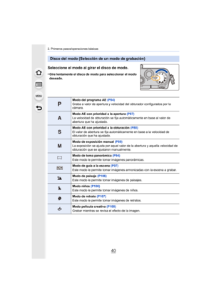 Page 402. Primeros pasos/operaciones básicas
40
Seleccione el modo al girar el disco de modo.
•Gire lentamente el disco de modo para seleccionar el modo 
deseado.
Disco del modo (Selección de un modo de grabación)
Modo del programa AE (P84)
Graba a valor de apertura y velocidad del obturador configurados por la 
cámara.
Modo AE con prioridad a la apertura  (P87)
La velocidad de obturación se fija automáticamente en base al valor de 
abertura que ha ajustado.
Modo AE con prioridad a la obturación  (P88)
El valor...