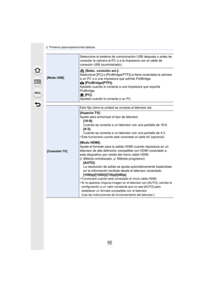 Page 6565
2. Primeros pasos/operaciones básicas
[Modo USB]
Seleccione el sistema de comunicación USB después o antes de 
conectar la cámara al PC o a la impresora con el cable de 
conexión USB (suministrado).
y [Selec. conexión act.]:
Seleccione [PC] o [PictBridge(PTP)] si tiene conectada la cámara 
a un PC o a una impresora que admite PictBridge.
{  [PictBridge(PTP)]:
Ajústelo cuando lo conecta  a una impresora que soporta 
PictBridge.
z  [PC]:
Ajústelo cuando lo conecta a un PC.
[Conexión TV]
Esto fija cómo...