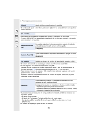 Page 6767
2. Primeros pasos/operaciones básicas
•Si por descuido ajusta a otro idioma, seleccione [~] entre los iconos del menú para ajustar el 
idioma deseado.
•Esto habilita las versiones de firmware de la cámara y la lente que se van revisar.•Presione [MENU/SET] en la pantalla de visualización de versión para mostrar la información 
sobre el software en la unidad.
•El número de la carpeta se actualiza y el número de archivo inicia desde 0001.
•Puede asignarse un número de carpeta entre 100 y 999.
Se debe...