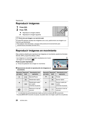 Page 2828
Reproducción
SQT0534 (SPA) 
Reproducir imágenes
1Pulse [(].
2Pulse  2/1.
Reproducir imágenes en movimiento
Esta unidad se diseñó para reproducir las imágenes en movimiento usando los formatos 
AVCHD, MP4 y QuickTime Motion JPEG.
•
Las imágenes en movimiento pueden visualizarse con el icono 
de imagen en movimiento ([ ]).
Pulse  3 para reproducir.
ATiempo de grabación de la imagen en movimiento
∫Operaciones durante la reproducción de imágenes en 
movimiento 2
: Reproducir la imagen anterior
1 :...