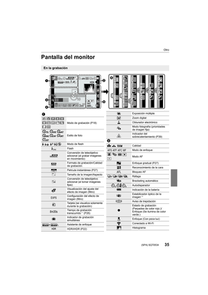 Page 3535
Otro
 (SPA) SQT0534
Pantalla del monitor
En la grabación
98
98
98200
0020020060
60
60
3.5
3.5
3.5
AFS
AFS
AFSL4:3
0
0AEL
AEL
AELBKT
BKT
BKTAWB
AWB
AWB
0é0å0ó
0é0å0ó··

MINI
MINI
MINI
MINI
Fn6
Fn6
Fn6
Fn6 Fn3
Fn3
Fn3
Fn3 Fn2 Fn2
Fn2
Fn2
Fn4
Fn4
Fn4
Fn4
Fn5
Fn5
Fn5
Fn5SNAP
SNAPSNAP
OFF
OFF
OFF
OFF
OFF
OFF
1pic.1pic.





1
Modo de grabación (P18)
Estilo de foto
‰ŒModo de flash
Flash
Conversión de teleobjetivo 
adicional (al grabar imágenes 
en movimiento)
Formato de grabación/Calidad 
de...