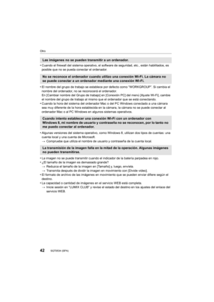 Page 4242
Otro
SQT0534 (SPA) 
•Cuando el firewall del sistema operativo, el software de seguridad, etc., están habilitados, es 
posible que no se pueda conectar el ordenador.
•El nombre del grupo de trabajo se establece por defecto como “WORKGROUP”. Si cambia el 
nombre del ordenador, no se reconocerá el ordenador.
En [Cambiar nombre del Grupo de trabajo] en [Conexión PC] del menú [Ajuste Wi-Fi], cambie 
el nombre del grupo de trabajo al mismo que el ordenador que se está conectando.
•Cuando la hora del sistema...