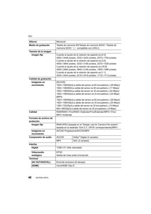 Page 4646
Otro
SQT0534 (SPA) 
AltavozMonaural
Medio de grabación Tarjeta de memoria SD/Tarjeta de memoria SDHC¢/Tarjeta de 
memoria SDXC¢ ( ¢ compatible con UHS- I)
Tamaño de la imagen Imagen fija Cuando el ajuste de la relación de aspecto es [4:3]
4592k3448 píxeles, 3232 k2424 píxeles, 2272 k1704 píxeles
Cuando el ajuste de la relación de aspecto es [3:2]
4592k 3064 píxeles, 3232 k2160 píxeles, 2272 k1520 píxeles
Cuando el ajuste de la relación de aspecto es [16:9]
4592k 2584 píxeles, 3840 k2160 píxeles, 1920...