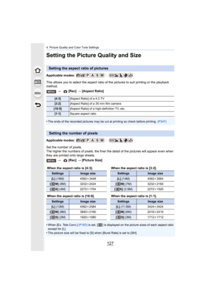 Page 127127
4. Picture Quality and Color Tone Settings
Setting the Picture Quality and Size
Applicable modes: 
This allows you to select the aspect ratio of the pictures to suit printing or the playback 
method.
•
The ends of the recorded pictures may be cut at printing so che ck before printing. (P347)
Applicable modes: 
Set the number of pixels.
The higher the numbers of pixels, the finer the detail of the pictures will appear even when 
they are printed onto large sheets.
•
When [Ex. Tele Conv.]  (P193) is...