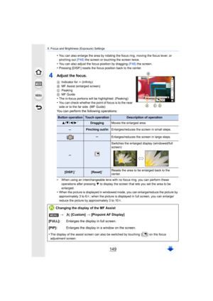 Page 149149
5. Focus and Brightness (Exposure) Settings
•You can also enlarge the area by rotating the focus ring, moving the focus lever, or 
pinching out (P48) the screen or touching the screen twice.
•You can also adjust the focus position by dragging  (P48) the screen. •Pressing [DISP.] resets the focus position back to the center. 
4Adjust the focus.
AIndicator for ¶  (infinity)
B MF Assist (enlarged screen)
C Peaking
D MF Guide
•The in-focus portions will be highlighted. (Peaking)•You can check whether the...