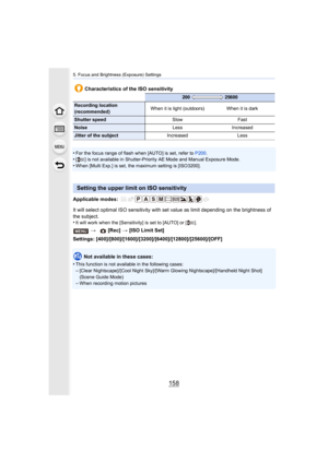 Page 1585. Focus and Brightness (Exposure) Settings
158
•For the focus range of flash when [AUTO] is set, refer to P200.•[ ] is not available in Shutter-Priority AE Mode and Manual Expo sure Mode.•When [Multi Exp.] is set, the maximum setting is [ISO3200].
Applicable modes: 
It will select optimal ISO sensitivity with set value as limit depending on the brightness of 
the subject.
•
It will work when the [Sensitivity] is set to [AUTO] or [ ].
Settings: [400]/[800]/[1600]/[3200]/[6400]/[12800]/[25600]/[OFF ]
Not...