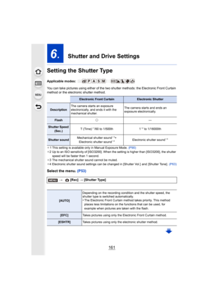 Page 161161
6.  Shutter and Drive Settings
Setting the Shutter Type
Applicable modes: 
You can take pictures using either of the two shutter methods:  the Electronic Front Curtain 
method or the electronic shutter method.
¢ 1 This setting is available only in Manual Exposure Mode.  (P90)
¢ 2 Up to an ISO sensitivity of [ISO3200]. When the setting is hig her than [ISO3200], the shutter 
speed will be faster than 1 second.
¢ 3 The mechanical shutter sound cannot be muted.
¢ 4 Electronic shutter sound settings can...