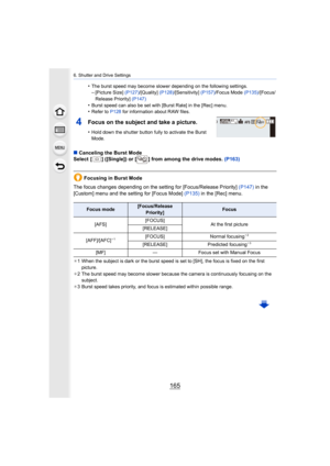 Page 165165
6. Shutter and Drive Settings
•The burst speed may become slower depending on the following settings.–[Picture Size] (P127)/[Quality] (P128)/[Sensitivity]  (P157)/Focus Mode  (P135)/[Focus/
Release Priority]  (P147)
•Burst speed can also be set with [Burst Rate] in the [Rec] menu .•Refer to P128 for information about RAW files.
4Focus on the subject and take a picture.
•Hold down the shutter button fully to activate the Burst 
Mode.
∫Canceling the Burst Mode
Select  [ ] ([Single]) or [ ] from among...