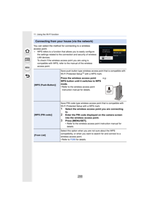 Page 28811. Using the Wi-Fi function
288
You can select the method for connecting to a wireless 
access point.
¢WPS refers to a function that allows you to easily configure 
the settings related to the connection and security of wireless  
LAN devices.
To check if the wireless access point you are using is 
compatible with WPS, refer to the manual of the wireless 
access point.
Connecting from your house (via the network)
[WPS (Push-Button)] Save push button type wireless access point that is compatible 
with...