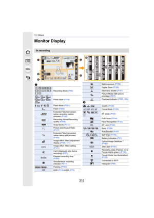 Page 31813. Others
318
Monitor Display
In recording
98
98
98200
0020020060
60
60
3.5
3.5
3.5
AFS
AFS
AFSL4:3
0
0AEL
AEL
AELBKT
BKT
BKTAWB
AWB
AWB
0é0å0ó
0é0å0ó··

MINI
MINI
MINI
MINI
Fn6
Fn6
Fn6
Fn6 Fn3
Fn3
Fn3
Fn3 Fn2 Fn2
Fn2
Fn2
Fn4
Fn4
Fn4
Fn4
Fn5
Fn5
Fn5
Fn5SNAP
SNAPSNAP
OFF
OFF
OFF
OFF
OFF
OFF
1pic.1pic.





1
Recording Mode  (P40)
Photo Style (P119)
‰ŒFlash Mode  (P201)
Flash (P203)
Extended Tele Conversion 
(when recording motion 
pictures)  (P193)
Recording format/Recording 
quality (P208)
Snap...