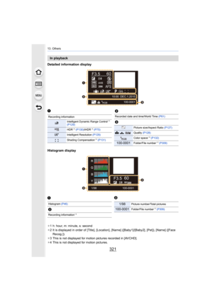 Page 321321
13. Others
Detailed information display
Histogram display
¢1 h: hour, m: minute, s: second
¢ 2 It is displayed in order of [Title], [Location], [Name] ([Baby 1]/[Baby2], [Pet]), [Name] ([Face 
Recog.]).
¢ 3 This is not displayed for motion pictures recorded in [AVCHD].
¢ 4 This is not displayed for motion pictures.
In playback
F3.5 60
P
s
RGB
AFS200
0WBWBISOISOAWB
STD.STD.STD.
L4:3100-0001
10:00  DEC.1.2015



1
Recording information
Intelligent Dynamic Range Control¢
3 
(P129)
HDR¢ 4 (P130)...