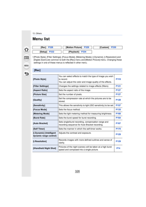 Page 32613. Others
326
Menu list
•[Photo Style], [Filter Settings], [Focus Mode], [Metering Mode], [i.Dynamic], [i.Resolution] and 
[Digital Zoom] are common to both the [Rec] menu and [Motion Pi cture] menu. Changing these 
settings in one of these menus is reflected in other menu. [Rec]
P326 [Motion Picture] P329[Custom]P330
[Setup] P332 [Playback]P334
[Rec]
[Photo Style] You can select effects to match the type of image you wish 
to record.
You can adjust the color and image quality of the effects. P119...