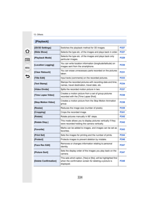 Page 33413. Others
334
[Playback]
[2D/3D Settings]Switches the playback method for 3D images. P227
[Slide Show]Selects the type etc. of the images and plays back in order. P227
[Playback Mode]Selects the type etc. of the images and plays back only 
particular images.
P229
[Location Logging]You can write location information (longitude/latitude) on 
images sent from the smartphone. P230
[Clear Retouch]You can erase unnecessary parts recorded on the pictures 
taken. P231
[Title Edit]
Input texts (comments) on the...