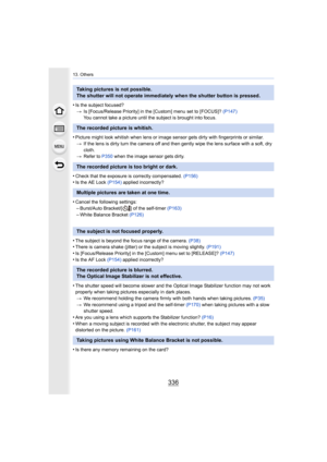 Page 33613. Others
336
•Is the subject focused?> Is [Focus/Release Priority] in the [Custom] menu set to [FOCUS] ? (P147)
You cannot take a picture until the subject is brought into foc us.
•Picture might look whitish when lens or image sensor gets dirty  with fingerprints or similar.
> If the lens is dirty turn the camera off and then gently wipe t he lens surface with a soft, dry 
cloth.
> Refer to  P350 when the image sensor gets dirty.
•Check that the exposure is correctly compensated.  (P156)•Is the AE Lock...