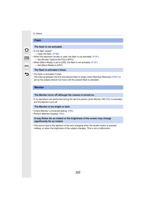 Page 34013. Others
340
•Is the flash closed?> Open the flash.  (P198)
•When the electronic shutter is used, the flash is not activated . (P161)
> Set [Shutter Type] to [AUTO] or [EFC].
•When [Silent Mode]  is set to  [ON] , the flash is not activated.  (P181)
> Set [Silent Mode] to [OFF].
•The flash is activated 2 times.
The interval between the first and second flash is longer when  Red-Eye Reduction (P201) is 
set so the subject should not move until the second flash is ac tivated.
•If no operations are...