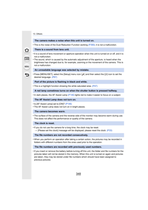 Page 34813. Others
348
•This is the noise of the Dust Reduction Function working (P350); it is not a malfunction.
•It is a sound of lens movement or aperture operation when this  unit is turned on or off, and it is 
not a malfunction.
•The sound, which is caused by the automatic adjustment of the a perture, is heard when the 
brightness has changed due to, for example, zooming or the move ment of the camera. This is 
not a malfunction. 
•Press [MENU/SET], select the [Setup] menu icon [ ] and then sele ct the [~]...