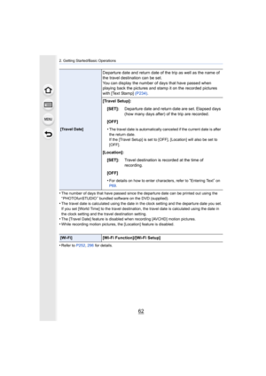Page 622. Getting Started/Basic Operations
62
•The number of days that have passed since the departure date can be printed out using the 
“ PHOTOfunSTUDIO ” bundled software on the DVD (supplied).
•The travel date is calculated using the date in the clock setti ng and the departure date you set. 
If you set [World Time] to the travel destination, the travel d ate is calculated using the date in 
the clock setting and the travel destination setting.
•The [Travel Date] feature is dis abled when recording [AVCHD]...