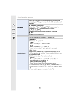 Page 6565
2. Getting Started/Basic Operations
[USB Mode]
Select the USB communication system when connecting the 
camera to your PC or your printer with the USB connection cable 
(supplied).
y  [Select on connection]:
Select either [PC] or [PictBridge(PTP)] if you connected the 
camera to a PC or a printer supporting PictBridge.
{  [PictBridge(PTP)]:
Set when connecting to a printer supporting PictBridge.
z  [PC]:
Set when connecting to a PC.
[TV Connection]
This sets how the unit connects to a television etc....
