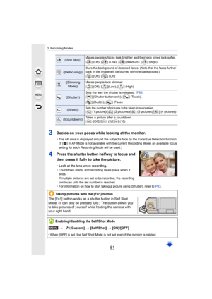 Page 8181
3. Recording Modes
3Decide on your poses while looking at the monitor.
•The AF area is displayed around the subject’s face by the Face/Eye Detection function.
(If [ š] in AF Mode is not available with the current Recording Mode, an available focus 
setting for each Recording Mode will be used.)
4Press the shutter button halfway to focus and 
then press it fully to take the picture.
•Look at the lens when recording.•Countdown starts, and recording takes place when it 
ends.
If multiple pictures are set...