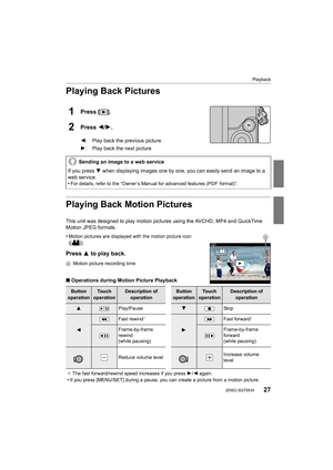 Page 2727
Playback
 (ENG) SQT0534
Playing Back Pictures
1Press [(].
2Press 2/1.
Playing Back Motion Pictures
This unit was designed to play motion pictures using the AVCHD,  MP4 and QuickTime 
Motion JPEG formats.
•
Motion pictures are displayed with the motion picture icon 
([ ]).
Press  3 to play back.
A Motion picture recording time
∫Operations during Motion Picture Playback 2: Play back the previous picture
1: Play back the next picture
Sending an image to a web service
If you press 
4 when displaying...