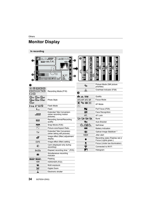 Page 34Others
34SQT0534 (ENG) 
Monitor Display
In recording
98
98
98200
0020020060
60
60
3.5
3.5
3.5
AFS
AFS
AFSL4:3
0
0AEL
AEL
AELBKT
BKT
BKTAWB
AWB
AWB
0é0å0ó
0é0å0ó··

MINI
MINI
MINI
MINI
Fn6
Fn6
Fn6
Fn6 Fn3
Fn3
Fn3
Fn3 Fn2 Fn2
Fn2
Fn2
Fn4
Fn4
Fn4
Fn4
Fn5
Fn5
Fn5
Fn5SNAP
SNAPSNAP
OFF
OFF
OFF
OFF
OFF
OFF
1pic.1pic.





1
Recording Mode (P18)
Photo Style
‰ŒFlash Mode
Flash
Extended Tele Conversion 
(when recording motion 
pictures)
Recording format/Recording 
quality
Snap Movie (P26)
Picture...