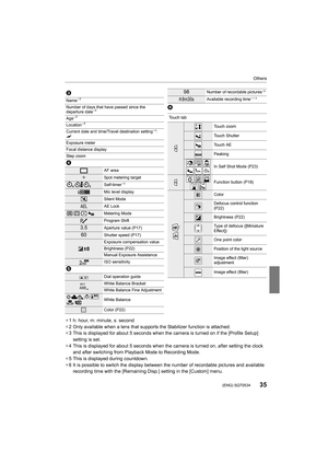 Page 3535
Others
 (ENG) SQT0534
¢1 h: hour, m: minute, s: second
¢ 2 Only available when a lens th at supports the Stabilizer function is attached.
¢ 3 This is displayed for about 5 seconds when the camera is turned  on if the [Profile Setup] 
setting is set.
¢ 4 This is displayed for about 5 seconds when the camera is turned  on, after setting the clock 
and after switching from Playback Mode to Recording Mode.
¢ 5 This is displayed during countdown.
¢ 6 It is possible to switch the display between the number...