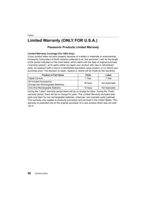 Page 5050
Others
SQT0534 (ENG) 
Limited Warranty (ONLY FOR U.S.A.)
Panasonic Products Limited Warranty
Limited Warranty Coverage (For USA Only) 
If your product does not work properly because of a defect in materials or workmanship, 
Panasonic Corporation of North America (referred to as “the war rantor”) will, for the length 
of the period indicated on the chart below, which starts with the date of original purchase 
(“warranty period”), at its option either (a) repair your produ ct with new or refurbished...