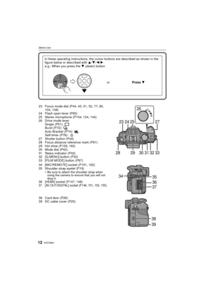 Page 12VQT2A6112
Before Use
23 Focus mode dial (P44, 45, 51, 52, 77, 80, 104, 108)
24 Flash open lever (P65)
25 Stereo microphone (P104, 124, 144)
26 Drive mode lever Single (P51):
Burst (P72):
Auto Bracket (P74):
Self-timer (P76):
27 Shutter button (P44)
28 Focus distance reference mark (P81)
29 Hot shoe (P159, 162)
30 Mode dial (P42)
31 Status indicator (P42)
32 [Q.MENU] button (P32)
33 [FILM MODE] button (P87)
34 [MIC/REMOTE] socket (P161, 162)
35 Shoulder strap eyelet (P19)
 Be sure to attach the shoulder...