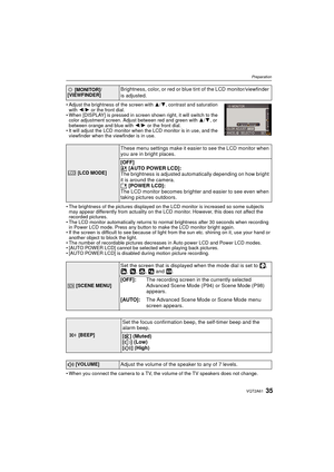 Page 3535VQT2A61
Preparation
Adjust the brightness of the screen with  3/4, contrast and saturation 
with  2/1 or the front dial.
 When [DISPLAY] is pressed in screen shown right, it will switch to the 
color adjustment screen. Adjust between red and green with  3/4 , or 
between orange and blue with  2/1  or the front dial.
 It will adjust the LCD monitor when the LCD monitor is in use, and the 
viewfinder when the viewfinder is in use.
 The brightness of the pictures displayed on the LCD monitor is increased...