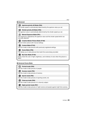 Page 4343VQT2A61
Basic
∫Advanced
∫ Advanced Scene Mode
Aperture-priority AE Mode (P90)
The shutter speed is automatically determined by the aperture value you set.
Shutter-priority AE Mode (P90)
The aperture value is automatically  determined by the shutter speed you set.
Manual Exposure Mode (P91)
The exposure is adjusted by the aperture  value and the shutter speed which are 
manually adjusted.
Creative Motion Picture Mode (P108)
Record motion picture with manual settings.
Custom Mode (P102)
Use this mode to...