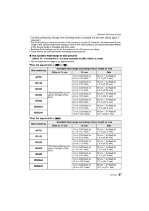 Page 6767VQT2A61
Advanced (Recording pictures)
The flash setting may change if the recording mode is changed. Set the flash setting again if 
necessary.
 The flash setting is memorized even if the camera is turned off. However, the Advanced Scene 
Mode or the Scene Mode flash setting is reset to the initial setting if the Advanced Scene Mode 
or the Scene Mode is changed and then used.
 Available flash settings are those that  were set for still picture recording.
 Flash will not be activated when recording...