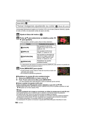 Page 106VQT2A63106
Avanzadas (Grabar imágenes)
Modo [REC]: 
Tomar imágenes ajustando su color ( : Modo Mi color)
Compruebe fácilmente el sujeto en el monitor LCD o en el visor (Vista en directo) y ajuste 
el color, el brillo o la saturación antes de sacar una foto.
Ajuste el disco del modo a  [ ].
Pulse 3/4 para seleccionar un detalle y pulse 2/
1 para ajustarlo.
Para ajustarlo, también puede utilizar el disco delantero.
La descripción del ajuste se visualiza pulsando [DISPLAY]. (Se volverá a la pantalla de...