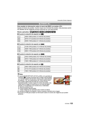 Page 123123VQT2A63
Avanzadas (Grabar imágenes)
Para ampliar la información sobre el menú del [REC], se remite a P31.
Ajuste el número de píxeles. Cuanto mayor es el número de píxeles, más preciosos serán 
los detalles de las imágenes aunque impriman en una hoja grande.
Modos aplicables: 
∫Cuando la relación de aspecto es [X].
∫Cuando la relación de aspecto es [Y].
∫Cuando la relación de aspecto es [W].
∫Cuando la relación de aspecto es [ ].
Nota
Si ajusta [ZOOM ÓPT.EXT.] (P127) a [ON], en la pantalla se...