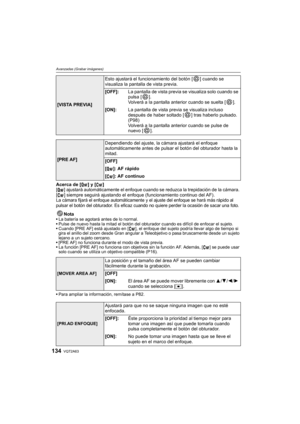 Page 134VQT2A63134
Avanzadas (Grabar imágenes)
Acerca de [ ] y [ ]
[ ] ajustará automáticamente el enfoque cuando se reduzca la trepidación de la cámara. 
[ ] siempre seguirá ajustando el enfoque (funcionamiento continuo del AF).
La cámara fijará el enfoque automáticamente y el ajuste del enfoque se hará más rápido al 
pulsar el botón del obturador. Es eficaz cuando no quiere perder la ocasión de sacar una foto.
NotaLa batería se agotará antes de lo normal.
Pulse de nuevo hasta la mitad el botón del obturador...