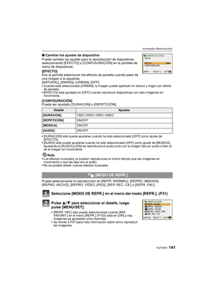 Page 141141VQT2A63
Avanzadas (Reproducción)
∫Cambiar los ajustes de diapositiva
Puede cambiar los ajustes para la reproducción de diapositivas 
seleccionando [EFECTO] o [CONFIGURACIÓN] en la pantalla de 
menú de diapositivas.
[EFECTO]
Eso le permite seleccionar los efectos de pantalla cuando pasa de 
una imagen a la siguiente.
[NATURAL], [SWING], [URBAN], [OFF]
Cuando está seleccionado [URBAN], la imagen puede aparecer en blanco y negro con efecto 
de pantalla.
[EFECTO] está ajustado en [OFF] cuando reproduce...