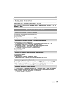 Page 181181VQT2A63
Otro
Búsqueda de averías
Antes intente con el siguiente procedimiento (P181–188).
La batería no está insertada correctamente. (P25)
La batería está agotada.
Cargue la batería.
El adaptador no se conecta correctamente. (P26)
¿Está ajustada en visor la visualización?
>Pulse el botón [LVF/LCD] para pasar a la visualización en el monitor LCD. (P42)
¿Está activo [LCD AUTO. DES.] (P34) del modo [AHORRO]?
>Pulse hasta la mitad el botón del obturador para cancelar estos modos.
¿No se ha seleccionado...