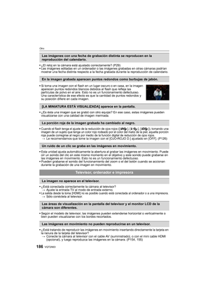 Page 186VQT2A63186
Otro
¿El reloj en la cámara está ajustado correctamente? (P29)
Las imágenes editadas en un ordenador o las imágenes grabadas en otras cámaras podrían 
mostrar una fecha distinta respecto a la fecha grabada durante la reproducción de calendario.
¿Es ésta una imagen que se grabó con otro equipo? En ese caso, estas imágenes pueden 
visualizarse con una calidad de imagen mermada.

Cuando el flash tenga el ajuste de la reducción de ojos rojos ([ ], [ ], [ ]), tomando una 
imagen de un sujeto que...