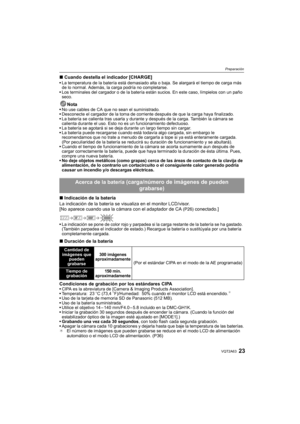 Page 2323VQT2A63
Preparación
∫Cuando destella el indicador [CHARGE]La temperatura de la batería está demasiado alta o baja. Se alargará el tiempo de carga más 
de lo normal. Además, la carga podría no completarse.
Los terminales del cargador o de la batería están sucios. En este caso, límpielos con un paño 
seco.
NotaNo use cables de CA que no sean el suministrado.
Desconecte el cargador de la toma de corriente después de que la carga haya finalizado.
La batería se calienta tras usarla y durante y después de la...