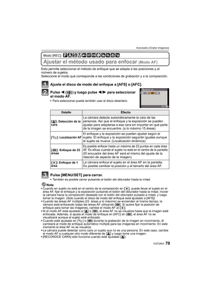 Page 7979VQT2A63
Avanzadas (Grabar imágenes)
Modo [REC]: 
Ajustar el método usado para enfocar (Modo AF)
Esto permite seleccionar el método de enfoque que se adapta a las posiciones y al 
número de sujetos.
Seleccione el modo que corresponde a las condiciones de grabación y a la composición.
Ajuste el disco de modo del enfoque a [AFS] o [AFC].
Pulse 2 ( ) y luego pulse 2/1 para seleccionar 
el modo AF.
Para seleccionar puede también usar el disco delantero.
Pulse [MENU/SET] para cerrar.
También es posible...