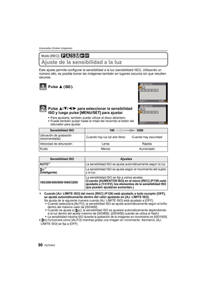 Page 90VQT2A6390
Avanzadas (Grabar imágenes)
Modo [REC]: 
Ajuste de la sensibilidad a la luz
Este ajuste permite configurar la sensibilidad a la luz (sensibilidad ISO). Utilizando un 
número alto, es posible tomar las imágenes también en lugares oscuros sin que resulten 
oscuras.
Pulse 3 ().
Pulse 3/4/2/1 para seleccionar la sensibilidad 
ISO y luego pulse [MENU/SET] para ajustar.
Para ajustarla, también puede utilizar el disco delantero.
Puede también pulsar hasta la mitad del recorrido el botón del 
obturador...