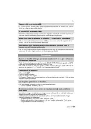 Page 185185VQT2A63
Otro
En lugares oscuros, el ruido podría aparecer para mantener el brillo del monitor LCD. Esto no 
afecta las imágenes que está grabando.
 El monitor LCD puede parpadear durante unos segundos después de encender la cámara en 
casa bajo una luz fluorescente. Esto no es un funcionamiento defectuoso.
 Ésta es una característica de los sensores MOS que sirve como sensor de captación de la 
cámara. Esto no es un funcionamiento defectuoso.
 Ésta es una característica del sistema de transmisión del...