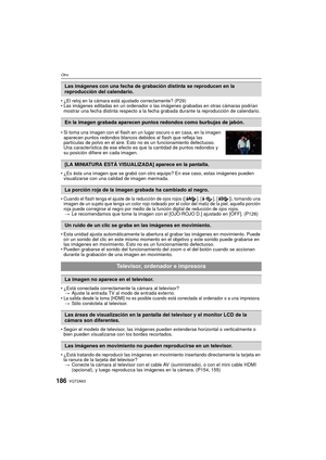 Page 186VQT2A63186
Otro
¿El reloj en la cámara está ajustado correctamente? (P29)
 Las imágenes editadas en un ordenador o las imágenes grabadas en otras cámaras podrían 
mostrar una fecha distinta respecto a la fecha grabada durante la reproducción de calendario.
 ¿Es ésta una imagen que se grabó con otro equipo? En ese caso, estas imágenes pueden 
visualizarse con una calidad de imagen mermada.

Cuando el flash tenga el ajuste de la reducción de ojos rojos ([ ], [ ], [ ]), tomando una 
imagen de un sujeto que...