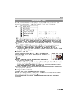 Page 4747VQT2A63
Básico
Cuando la cámara localiza la escena mejor, se visualiza de color azul el icono de la 
escena interesada durante 2 segundos. Después el color pasa al rojo usual.
 [¦] se ajusta si ninguna de las escenas es aplicable y están fijados los ajustes estándares.
 Si se utiliza un trípode, por ejemplo, y la cámara considera que las sacudidas son mínimas 
cuando el modo de escena ha sido identificado como [ ], la velocidad de obturación será 
más lenta de lo normal. Tenga cuidado de no mover la...