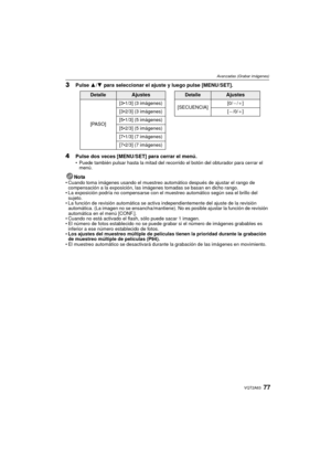 Page 7777VQT2A63
Avanzadas (Grabar imágenes)
3Pulse 3/4  para seleccionar el ajuste y luego pulse [MENU/SET].
4Pulse dos veces [MENU/SET] para cerrar el menú.Puede también pulsar hasta la mitad del re corrido el botón del obturador para cerrar el 
menú.
Nota Cuando toma imágenes usando el muestreo automático después de ajustar el rango de 
compensación a la exposición, las imágenes tomadas se basan en dicho rango.
 La exposición podría no compen sarse con el muestreo automático según sea el brillo del 
sujeto....