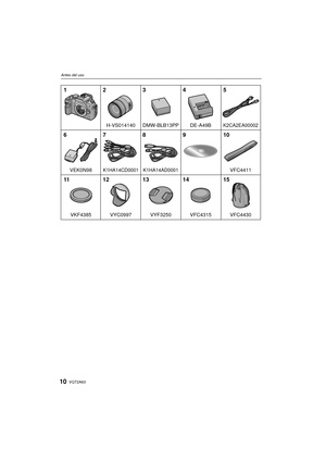 Page 10VQT2A6310
Antes del uso
12 3 4 5
67 8 9 10
11 12 13 14 15
H-VS014140 DMW-BLB13PP DE-A49BK2CA2EA00002
K1HA14CD0001
VEK0N98K1HA14AD0001VFC4411
VYC0997
VKF4385 VYF3250 VFC4315 VFC4430
DMC-GH1KPP-VQT2A63_spa.book  10 ページ  ２００９年４月１３日　月曜日　午後６時４７分 